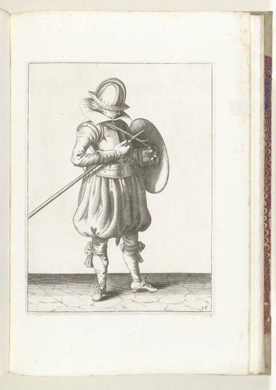 O exercício com escudo e lança: o soldado segura a lança e o escudo perto do corpo (n.º 15), 1618
De Nassausche Wapen-Handelinge, van Schilt, Spies, Rappier ende Targe : beyde figuerlick afgebebeelt, ende gestelt na de nieuwe ordening [van] (...) Mauritân de Adam van Breen