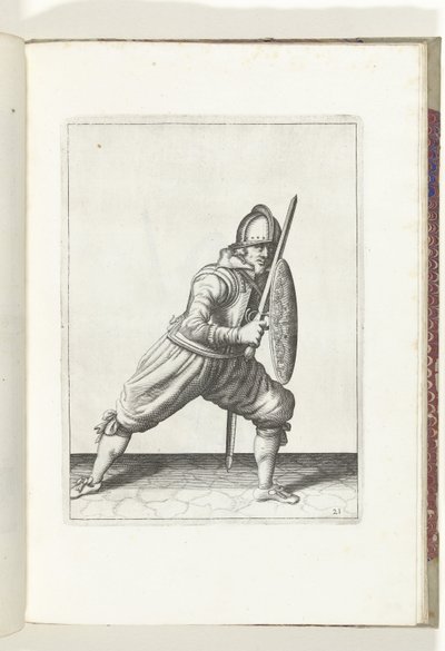 O exercício de escudo e espiga: o soldado em posição defensiva com um pé na frente e sua espada e escudo no joelho na frente do corpo (nº 21), 1618 The Nassausche Wapen-Handinge, van Schilt, Spies, Rappier andde Targe : beyde figuerli de Adam van Breen