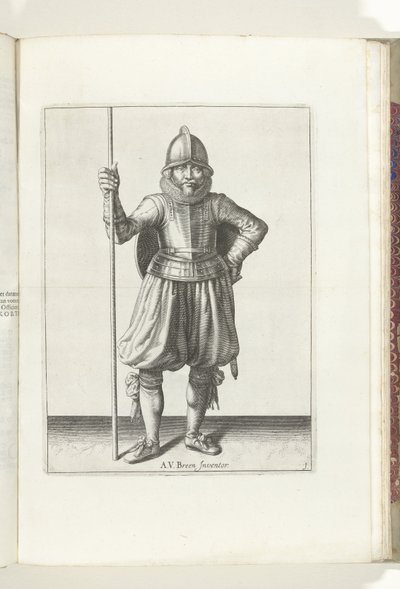 O exercício com escudo e lança: o soldado em repouso com a lança na mão e o escudo nas costas (n.º 1), 1618
De Nassausche Wapen-Handelinge, van Schilt, Spies, Rappier ende Targe : beyde figuerlick afgebebeelt, ende gestelt na de nieuwe ordening [van] ( de Adam van Breen