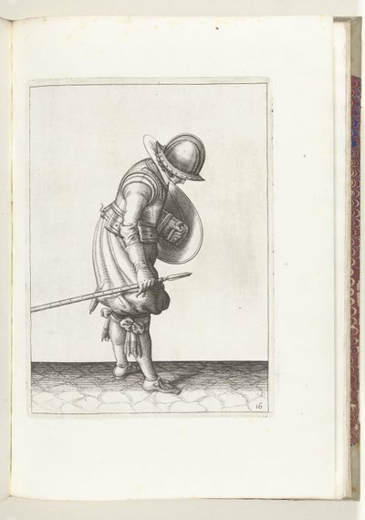 O exercício de escudo e espiga: o soldado coloca o espinho no chão ao lado de seu pé direito (nº 16), 1618 O Nassausche Wapen-Handelinge, van Schilt, Spies, Rappier and the Targe: beyde figuerlick retratado, e o emoldurado após a nova ordem [de] (...) M de Adam van Breen
