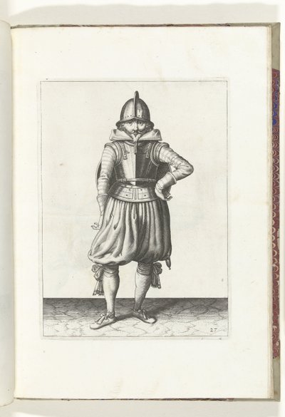O exercício com escudo e lança: o soldado em repouso com o escudo nas costas (n.º 27), 1618
De Nassausche Wapen-Handelinge, van Schilt, Spies, Rappier ende Targe : beyde figuerlick afgebebeelt, ende gestelt na de nieuwe ordening [van] (...) Maurits v de Adam van Breen