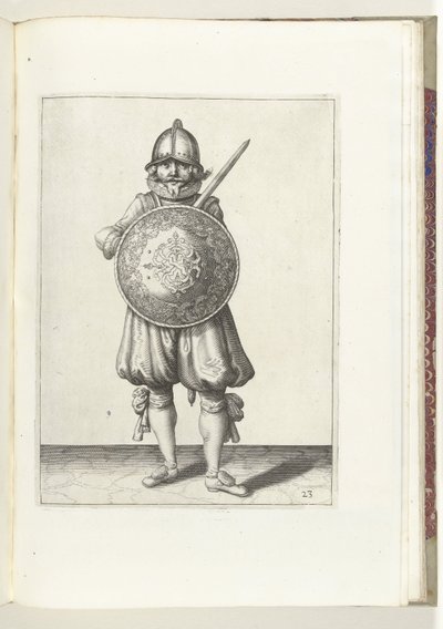 O exercício de escudo e espiga: o soldado em repouso, sua espada descansando no ombro esquerdo atrás do escudo (nº 23), 1618 O Nassausche Wapen-Handelinge, van Schilt, Spies, Rappier and the Targe: beyde figuerlick retratado, final emoldurado após o n de Adam van Breen