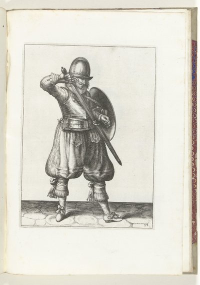O exercício de escudo e espiga: o soldado reembainhando sua espada (nº 24), 1618 O Nassausche Wapen-Handelinge, van Schilt, Spies, Rappier and the Targe: beyde figuerlick retratado, e emoldurado após a nova ordem [de] (...) Maurits van de Adam van Breen
