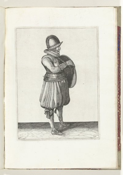 O exercício com escudo e lança: o soldado puxa o braço do cinto do escudo (n.º 25), 1618
De Nassausche Wapen-Handelinge, van Schilt, Spies, Rappier ende Targe : beyde figuerlick afgebebeelt, ende gestelt na de nieuwe ordening [van] (...) Maurits de Adam van Breen