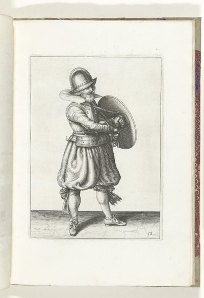 O exercício com escudo e lança: o soldado tira o seu espadim de trás do seu escudo (n.º 18), 1618
De Nassausche Wapen-Handelinge, van Schilt, Spies, Rappier ende Targe : beyde figuerlick afgebebeelt, ende gestelt na de nieuwe ordening [van] (...) Maurits  de Adam van Breen