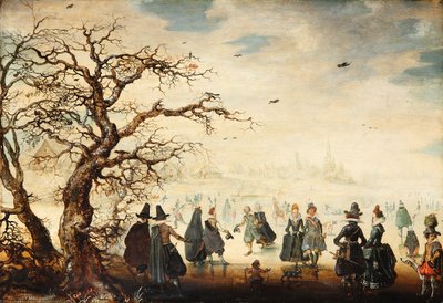 Alemão: Wintervergnügen Paisagem de inverno com figuras elegantes a patinar no gelo de Adam van Breen
