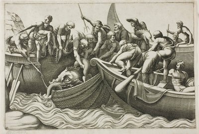 Pescadores capturando um monstro marinho de Adamo Scultori