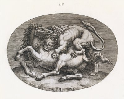 Espelho da magnificência romana: Leão atacando um cavalo, c1540-80. de Adamo Scultori