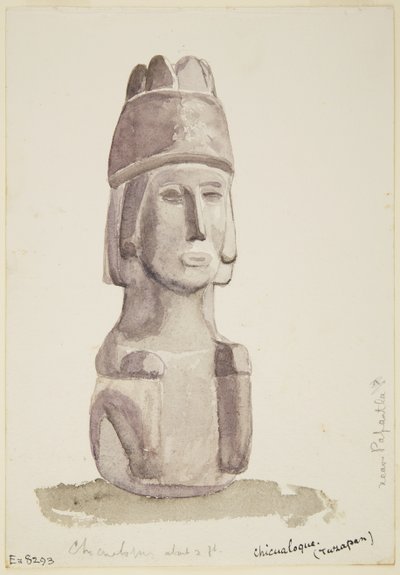 Estátua de pedra de 2 pés de altura de uma cabeça humana de Chicualoque , perto de Papantla (aguarela) de Adela Breton