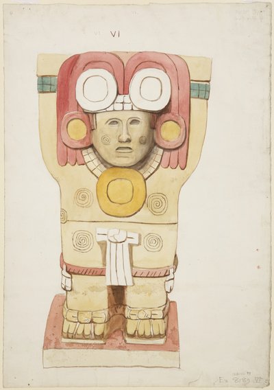 Caryatid da câmara exterior, Templo A, quadra de bolas, Chichen Itza, México (aquarela) de Adela Breton