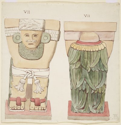 Caryatid da câmara exterior, Templo A, quadra de bolas, Chichen Itza, México (aquarela) de Adela Breton