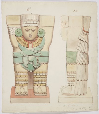 Caryatid da câmara exterior, Templo A, quadra de bolas Chichen Itza, México (aquarela) de Adela Breton