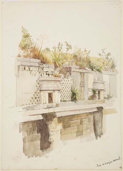 Casa de Monjas, Uxmal, México Pintura do piso superior das ruínas (aguarela) de Adela Breton