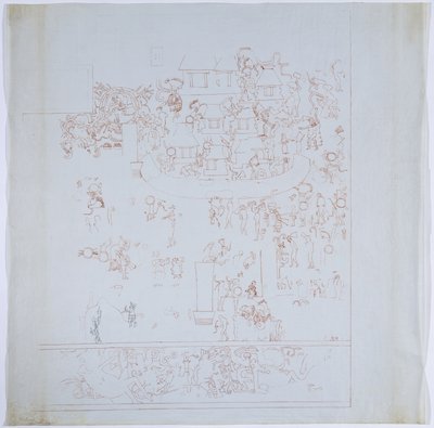 Cópia de um mural completo da parede oeste, Upper Temple of the Jaguars, Chichen Itza, México Câmara interna da parede oeste Desenhado em tinta vermelha (tinta vermelha e preta e grafite) de Adela Breton