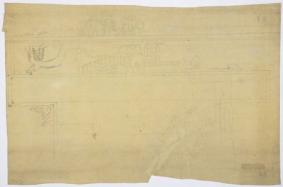 Cópia de um traçado de uma pintura de parede de cima da porta, Templo Superior dos Jaguares, Chichen Itza, México Lápis "Sacrifício Humano" (grafite) de Adela Breton