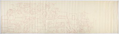 Cópia de um traçado de uma pintura de parede do painel sul da parede oeste, templo interior, Templo Superior dos Jaguares, Chichen Itza, México (tinta vermelha) de Adela Breton