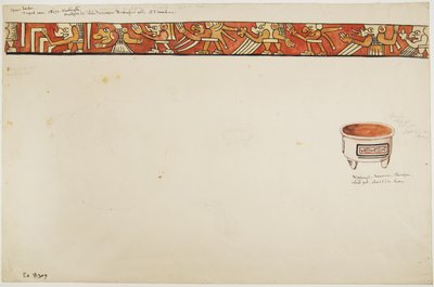 Borda interna de um vaso de tripé (que retrata figuras grotescas) e um vaso branco com desenhos contidos em retângulos (aquarela) de Adela Breton