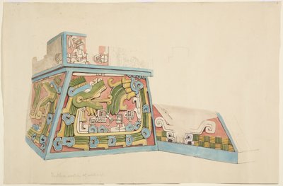 Pintura de um relevo de pedra de Xochicalco, México Extremo Norte do lado Oeste do terraço inferior Aquarela (aguarela) de Adela Breton