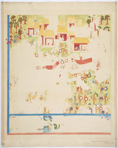 Cópia em escala trimestral de uma pintura do painel da extremidade sul, parede leste, câmara interna, Templo Superior dos Jaguares, Tribunal de Grandes Bolas, Chichen Itza, México (aquarela, corpinho e tinta vermelha) de Adela Breton