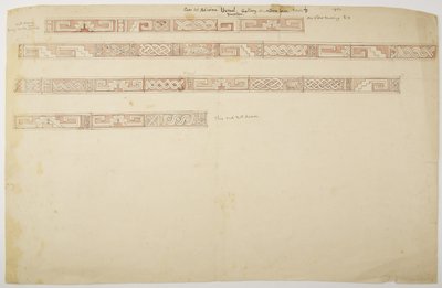 Ruínas/relevos de pedra no Templo em Uxmal, México Friso de representação (aguarela) de Adela Breton