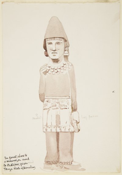 Estátua de Teayo, norte de Veracruz, México Mostra estátua de pedra com figura masculina usando kilt (aquarela) de Adela Breton