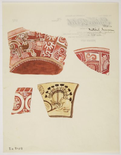 Três fragmentos de cerâmica vermelha com desenhos incLuindo uma figura em forma de dragão em branco, e um fragmento de cerâmica com desenho em marrom (aquarela) de Adela Breton