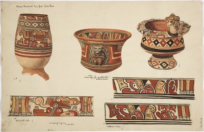 Três potes e três desenhos de Nicoya, Costa Rica (aguarela) de Adela Breton