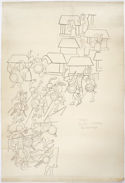 Traçado de uma pintura mural da Parede Oeste, Templo Superior dos Jaguares, Chichen Itza, MéxicoTracing é tintada (tinta preta e grafite) de Adela Breton