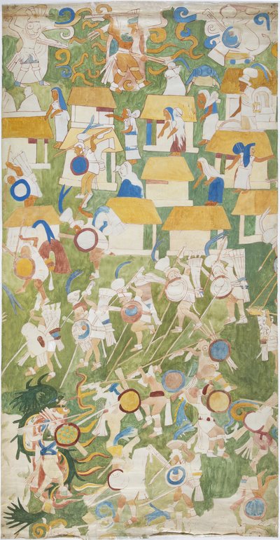 Traçado de uma pintura mural do painel sul da parede oeste, Templo Superior dos Jaguares, Chichen Itza, México (aquarela e grafite) de Adela Breton