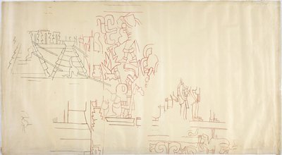 Traçado de uma pintura de parede da Casa de Monjas, Chichen Itza, México Traçado e tintado em tinta preta e vermelha (tinta vermelha e preta e grafite) de Adela Breton