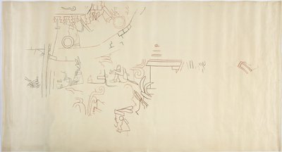 Traçado de uma pintura de parede da Casa de Monjas, Chichen Itza, MexicoVault em câmara grande (vermelho, preto e marrom e tinta grafite) de Adela Breton