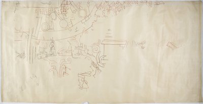 Traçado de uma pintura de parede da Casa de Monjas, Chichen Itza, MexicoVault em câmara grande (vermelho, preto e marrom e tinta grafite) de Adela Breton