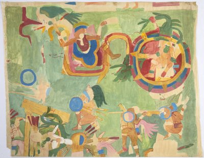 Traçado de uma pintura de parede da câmara interior, Templo Superior dos Jaguares, parede sul, Grande Corte de Bolas, Chichen Itza, México (aquarela e corpinho) de Adela Breton