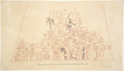 Traçado de uma pintura de parede da abóbada sul, câmara interior, Templo Superior dos Jaguares, Chichen Itza, México de Adela Breton