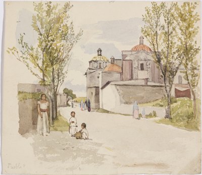 Vista de uma rua de aldeia com mulheres e crianças - Puebla (?), México (aguarela & grafite) de Adela Breton
