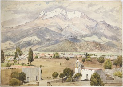 Aldeia em primeiro plano e montanhas atrás (aguarela) de Adela Breton