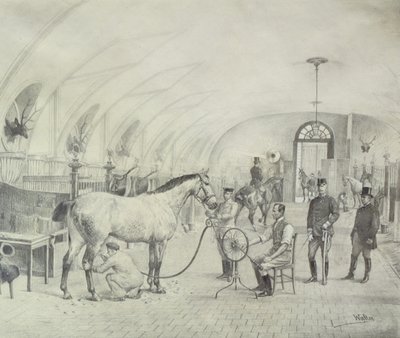 The Royal Stables: preparação da manhã (lápis) de Adele Walter
