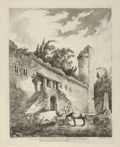 Vista de um antigo castelo localizado no caminho de Roma para Nápoles de Differentes vue..., século XVIII. de Adélaide Allou