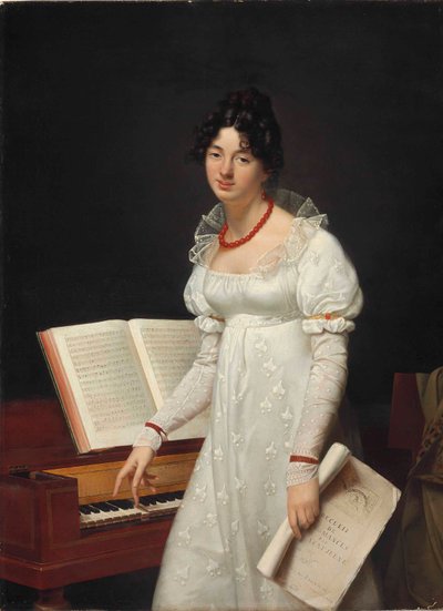 Retrato de uma senhora de pé junto a um piano forte segurando um manuscrito de Adele Romany