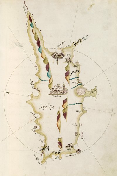 Mapa da ilha do Chipre, ilustração de Portolano atlas, pelo Almirante Piri Reis (1465-1470 - 1553-1554) de Admiral Piri Reis