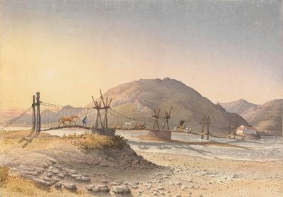 Ponte suspensa de tiras de couro (mas reparada com corrente) sobre o Maypu, cinco léguas a sul de Santiago, Chile, 11 de janeiro de 1851 de Admiral Sir Edward Gennys Fanshawe