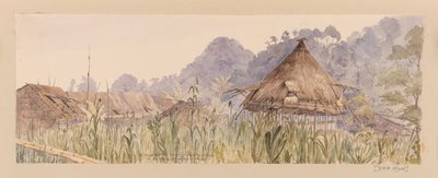 Aldeia e casa principal da tribo Segu ou No rio Manuk ou Segur das Índias Ocidentais, América do Norte e Bornéu álbum de recortes de Admiral Sir Edward Gennys Fanshawe
