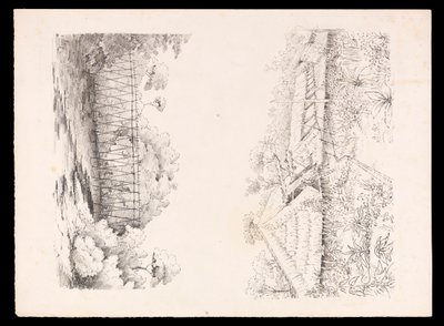 Aldeia da tribo Stang, Sarawak, Bornéu; e uma ponte de postes sobre um rio de West Indies, North American and Borneo scrapbook, c.1845 (litografia) de Admiral Sir Edward Gennys Fanshawe