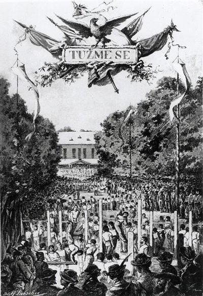 Tuzmês" (o esforço), primeira reunião dos Sokols em Praga de Adolf (after) Liebscher