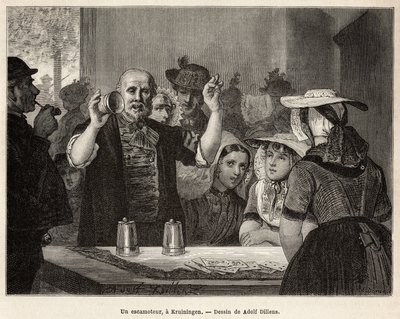 Um retractor, numa estalagem em Kruiningen, faz o seu número diante de espectadores atentos, gravado após o desenho de Adolf Dillens, ilustrando uma viagem a Zelande (Neerlande), em 1873, de Charles de Coster, publicado em "Le tour du monde" 1874, editado de Adolf Alexander Dillens