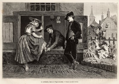 Um sapateiro de uma aldeia da Zelândia, faz uma jovem experimentar um sapato acompanhado por um jovem, gravando após o desenho de Adolf Dillens, ilustrando uma viagem a Zelande (Neerlande), em 1873, de Charles de Coster, publicado em "Le tour du monde" 187 de Adolf Alexander Dillens