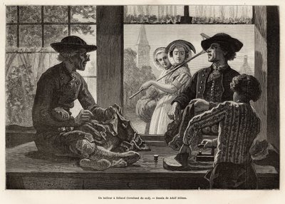 Um alfaiate e seu aprendiz, trabalhando à beira da janela para apreciar a luz e o espetáculo dos transeuntes da rua, em Rilland (Beveland do Sul), gravando após o desenho de Adolf Dillens, ilustrando uma viagem a Zelande (Neerlande), i de Adolf Alexander Dillens