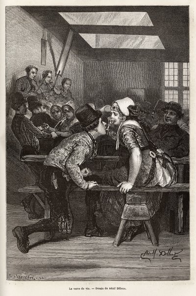 Em dias de feira, os camponeses oferecem-se para beber licores doces às jovens, o mesmo copo serve a todos e passa de boca em boca, muitas vezes cheio, e permite ao jovem fingidor fazer a sua corte, ao ritmo da orquestra e das danças, gravando um de Adolf Alexander Dillens