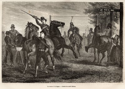 A corrida para o anel em Niewland, os jovens cavaleiros competem por, arma de uma lança de madeira, retirando o anel do pórtico onde está suspenso, o cavalo lança galope; para os mais desajeitados, uma colher de madeira também está suspensa de uma placa pr de Adolf Alexander Dillens
