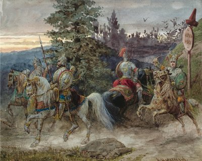 O caminho para Chernomor. Ilustração do poema Ruslan e Lyudmila de A. Pushkin de Adolf Charlemagne